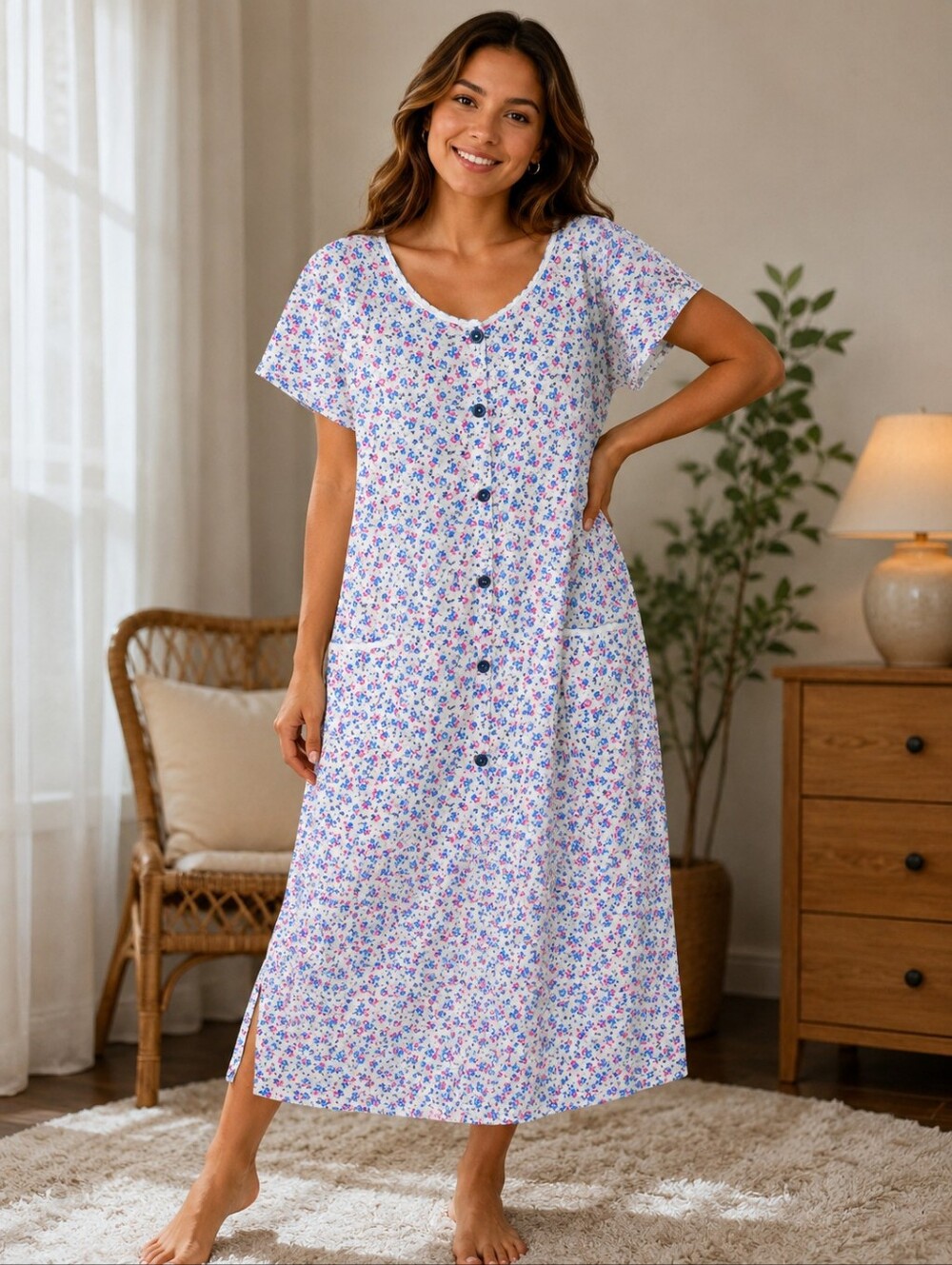 Button-Front Floral Nightgown - White with Blue & Pink Floral